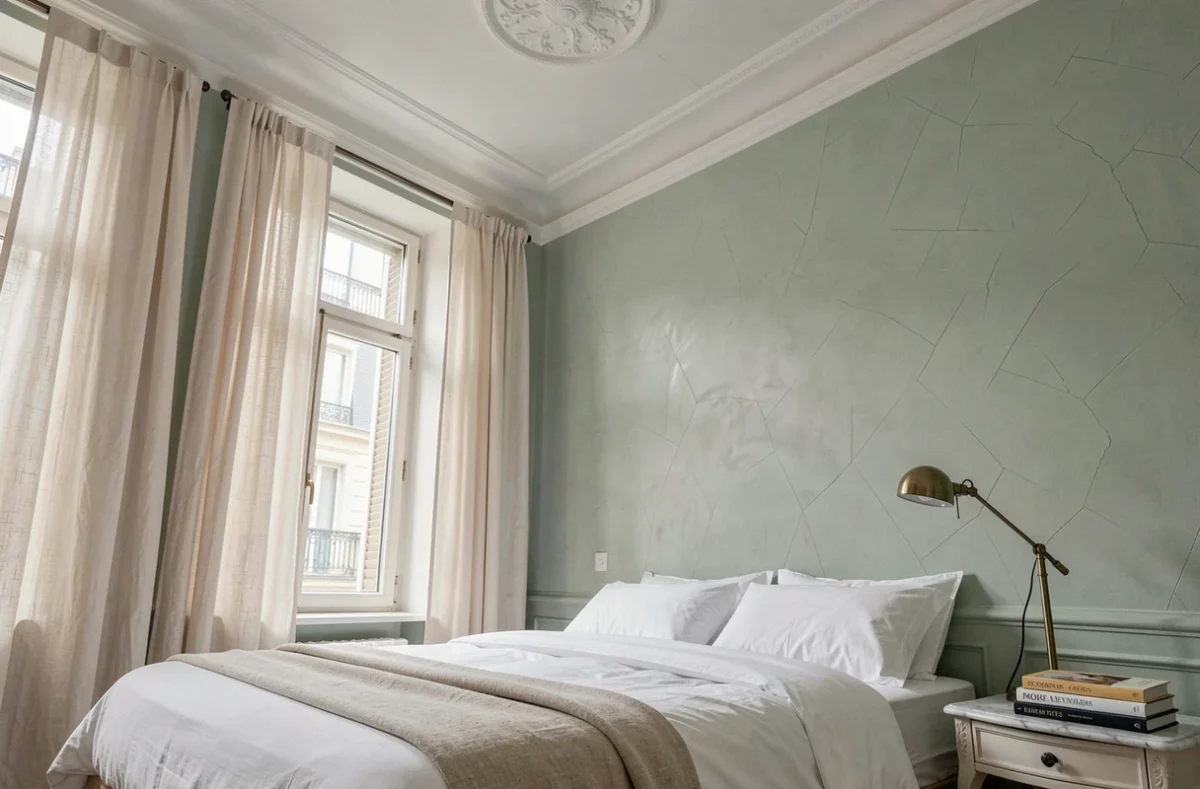 Chambre haussmannienne avec plafond à rosace, rideaux en lin ivoire et linge de lit blanc immaculé