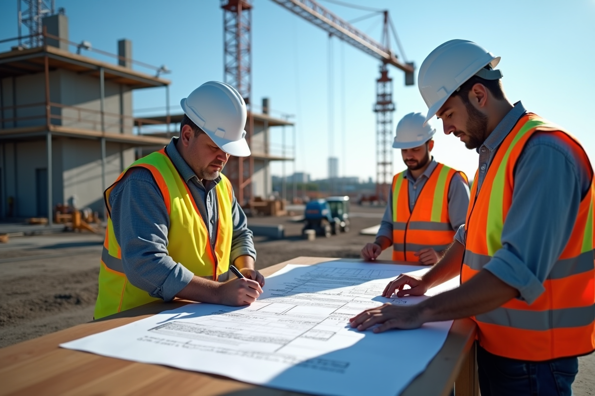 Chantier de construction avec ouvriers et plans