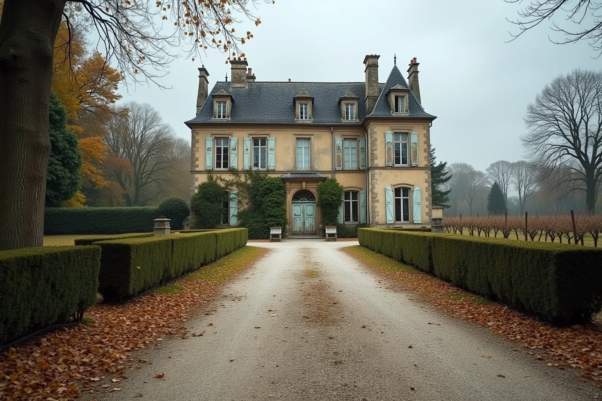 Château viticole bordelais à vendre avec panneau À Vendre partiellement caché par du lierre et vignes à l'abandon