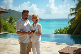 Couple en tenue de villégiature visitant une villa de luxe à Saint-Barthélemy avec piscine à débordement et vue sur la mer des Caraïbes