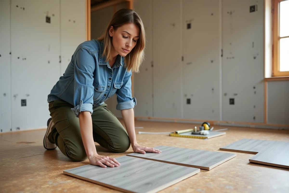 Femme comparant des échantillons de parquet vinyle dans une maison en cours de rénovation économique