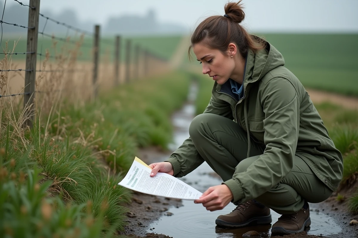 Une consultante environnementale examinant des clauses environnementales mal r&eacute;dig&eacute;es dans un bail rural en bord de champ
