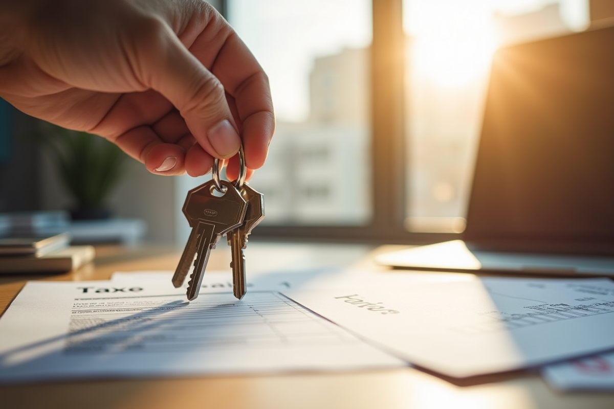 Main déposant des clés de maison sur un bureau ensoleillé