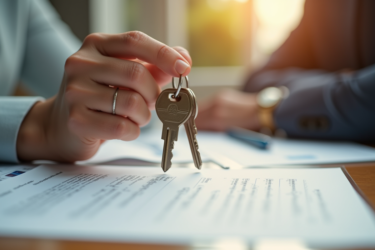 Mains d’un agent immobilier tenant des clés sur un contrat