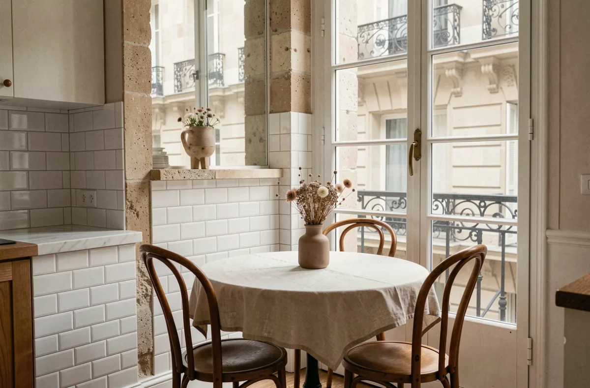 Coin repas haussmannien avec table en marbre, fenêtres en fer forgé et vue sur cour parisienne