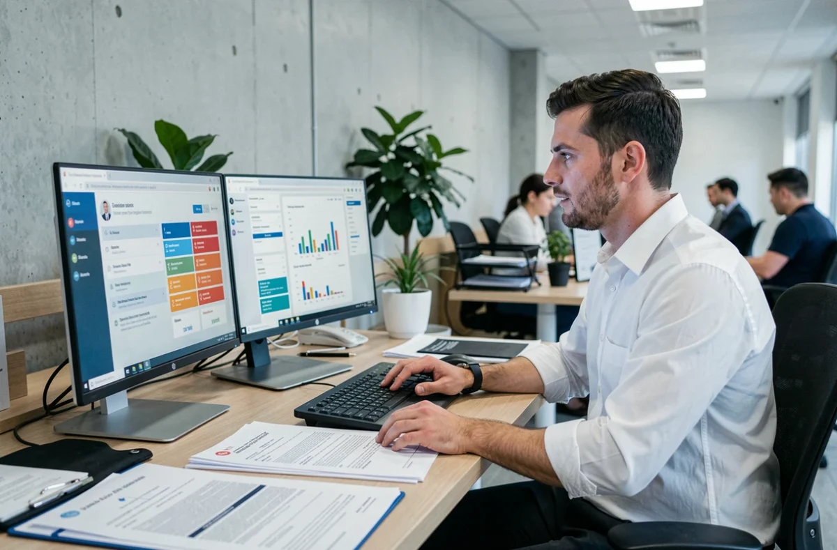 Collaborateur notarial analysant des dossiers juridiques sur double écran avec tableau de bord de gestion documentaire