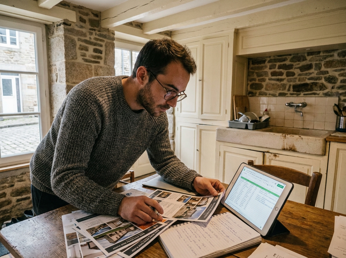 Propriétaire comparant des annonces immobilières et des données de marché pour fixer le prix de vente de sa maison à Brest