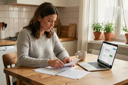 Femme comparant des devis d'assurance habitation sur son ordinateur portable dans une cuisine moderne