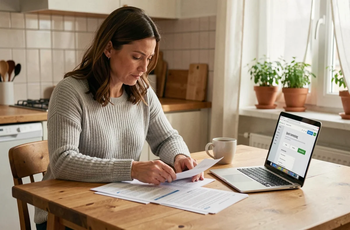 Femme comparant des devis d'assurance habitation sur son ordinateur portable dans une cuisine moderne