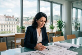 Conseillère en immobilier professionnel analysant des plans d'entreprise dans un bureau moderne avec vue sur Lyon en Rhône-Alpes