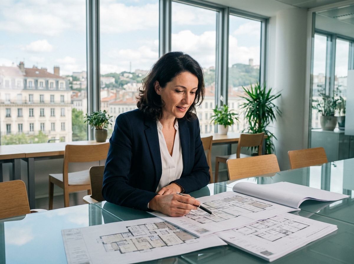 Conseillère en immobilier professionnel analysant des plans d'entreprise dans un bureau moderne avec vue sur Lyon en Rhône-Alpes