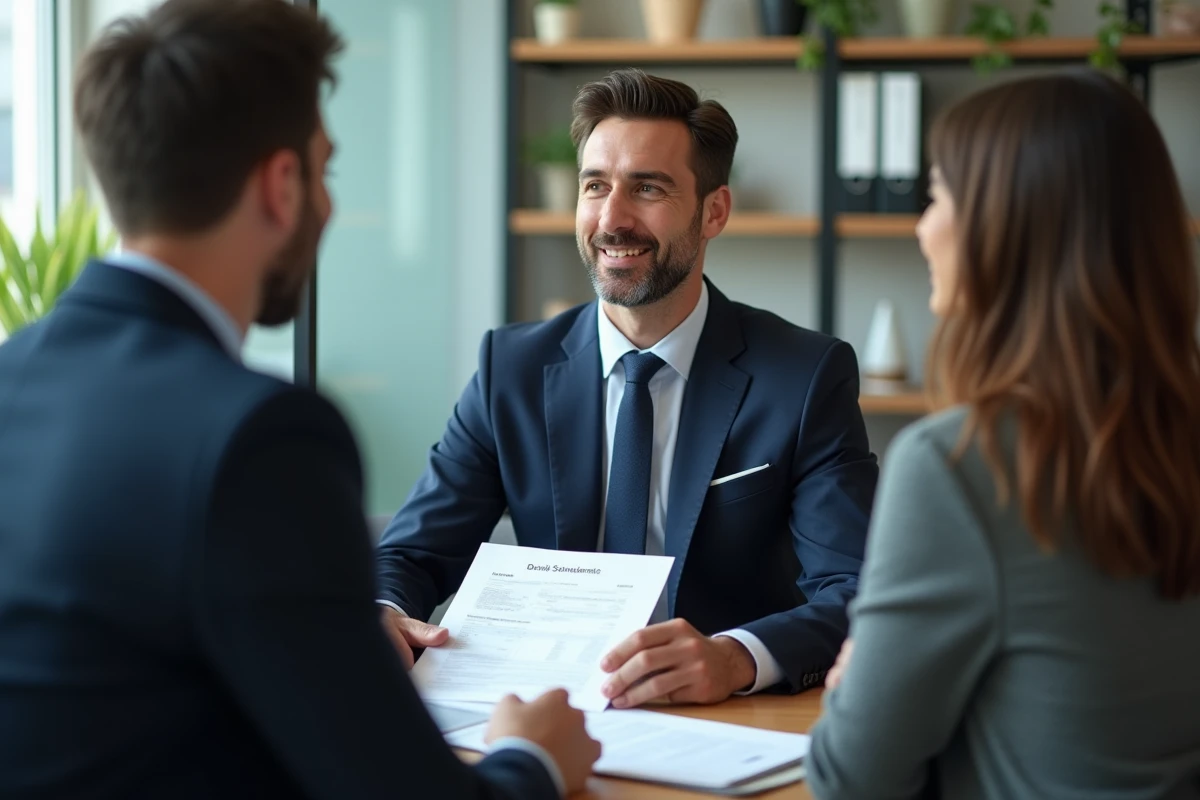 Conseiller financier discute avec un couple dans un bureau moderne