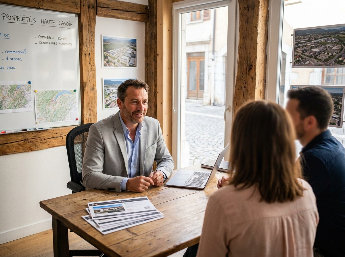 Conseiller immobilier d'entreprise en consultation avec des clients dans une agence moderne à Annecy en Haute-Savoie