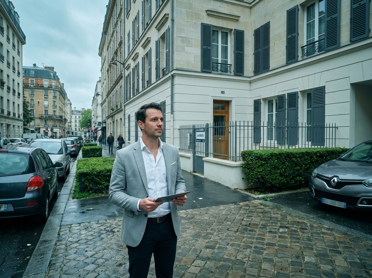 Conseiller immobilier présentant un appartement à louer devant un immeuble à Montrouge