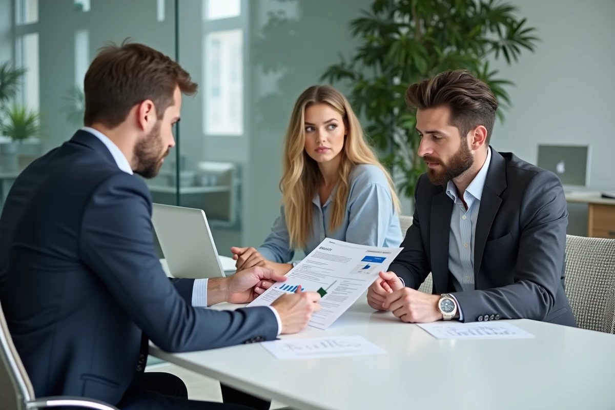 Conseiller immobilier présentant une simulation de prêt PTZ à un jeune couple dans une agence immobilière moderne
