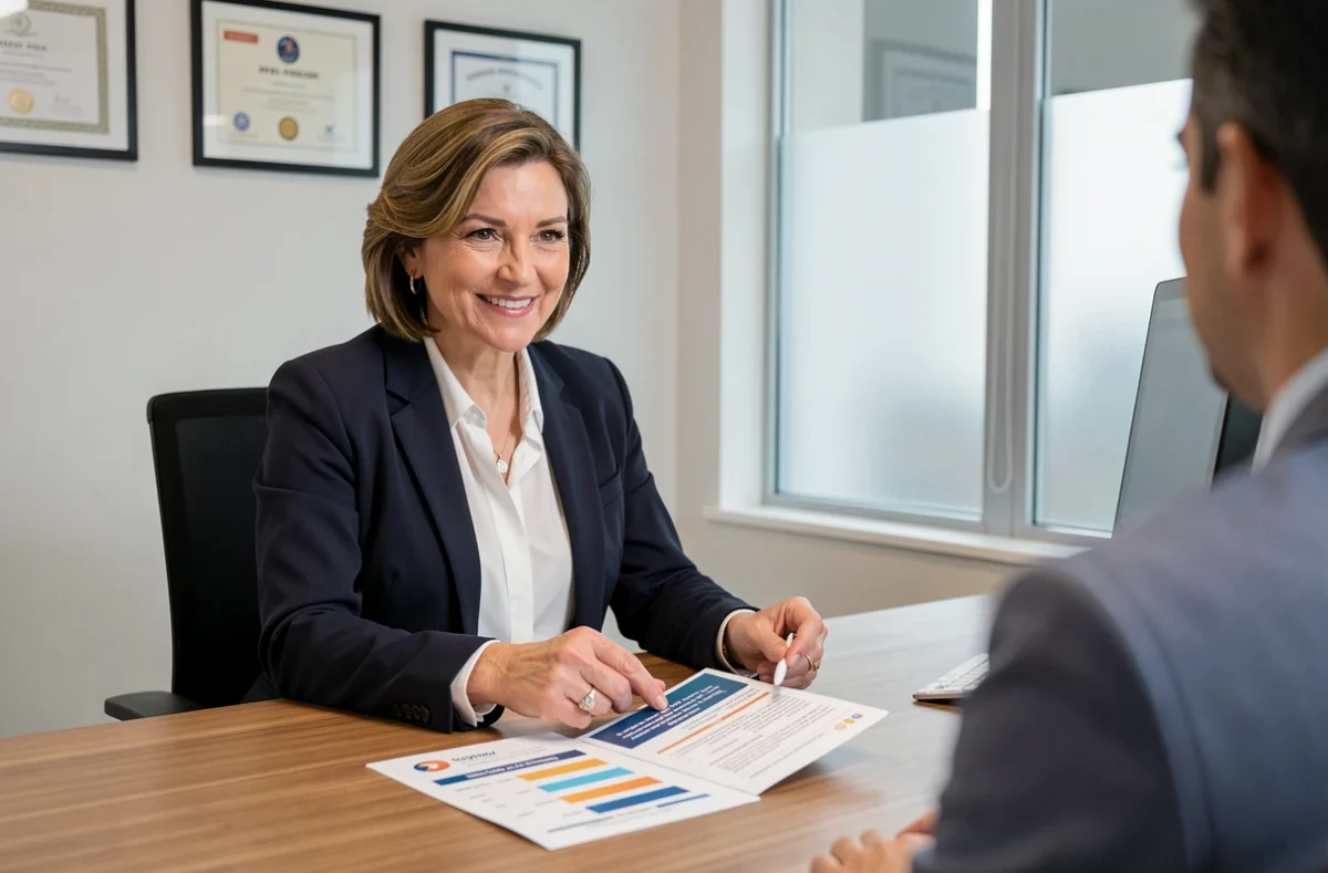 Conseillère en assurance présentant un comparatif de contrats habitation à un client en agence