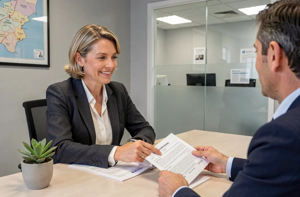 Conseillère en assurance habitation expliquant un contrat à un client dans une agence à Cachan
