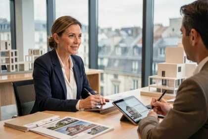 Conseillère immobilière professionnelle à Lyon en entretien avec des clients dans une agence moderne