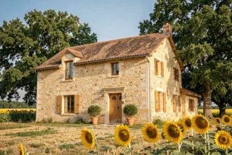 Maison individuelle en pierre construite en Dordogne par un constructeur local, entourée de végétation typique du Périgord