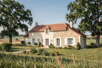 Maison individuelle neuve en Indre-et-Loire avec jardin paysager et façade en enduit blanc, vue grand angle sur la campagne tourangelle