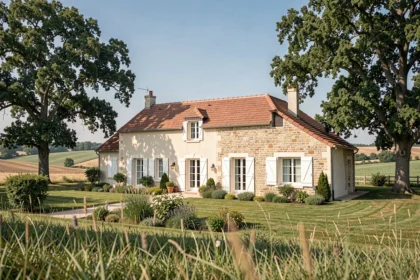 Maison individuelle neuve en Indre-et-Loire avec jardin paysager et façade en enduit blanc, vue grand angle sur la campagne tourangelle