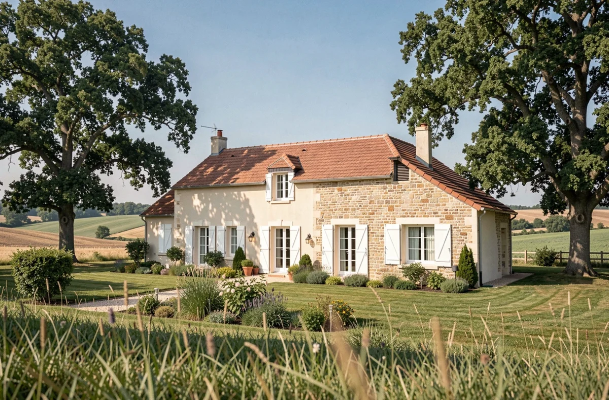 Maison individuelle neuve en Indre-et-Loire avec jardin paysager et façade en enduit blanc, vue grand angle sur la campagne tourangelle