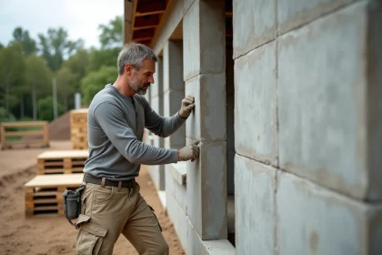 Ouvrier posant des panneaux en fibre de béton sur une maison en construction à petit budget