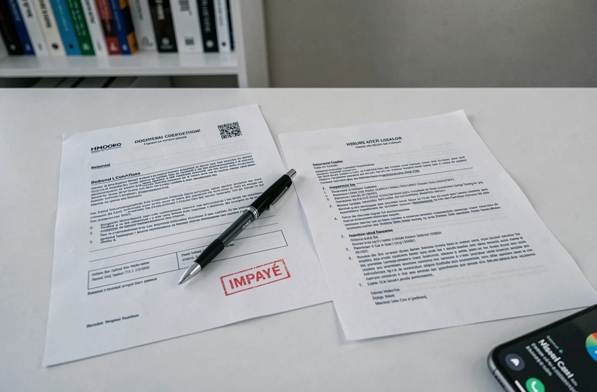 Contrat de bail et attestation d'assurance habitation avec tampon impayé sur un bureau de travail
