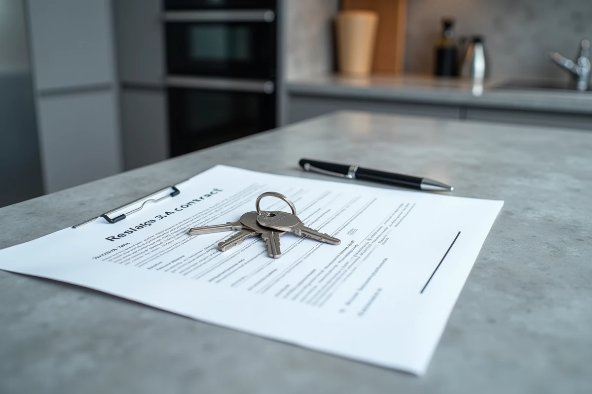 Contrat de bail et clés d'appartement posés sur le plan de travail d'une cuisine équipée