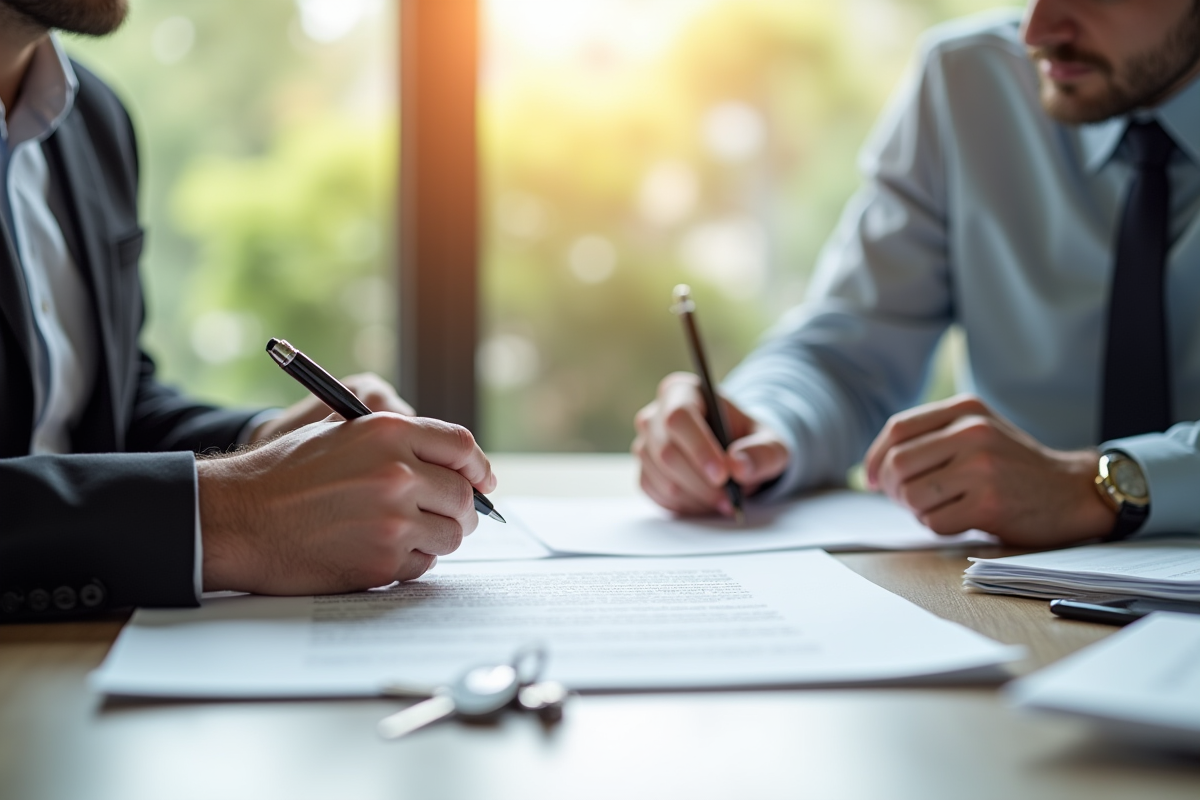 Tenant et propriétaire signant un contrat de location dans un bureau lumineux