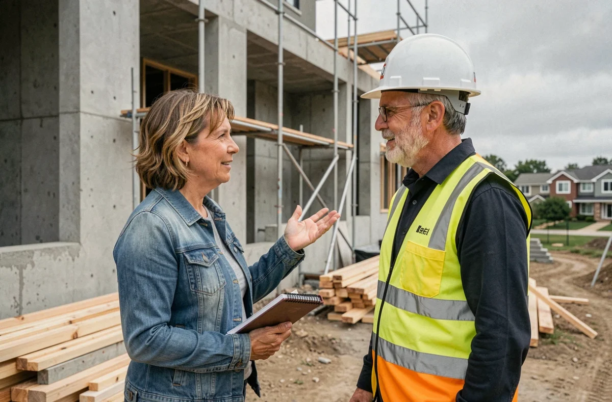 Femme coordinatrice de projet d'habitat participatif discutant avec un architecte devant un chantier de construction de logements collectifs