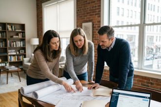 Trois copropriétaires réunis autour d'une table pour gérer ensemble un bien immobilier en indivision