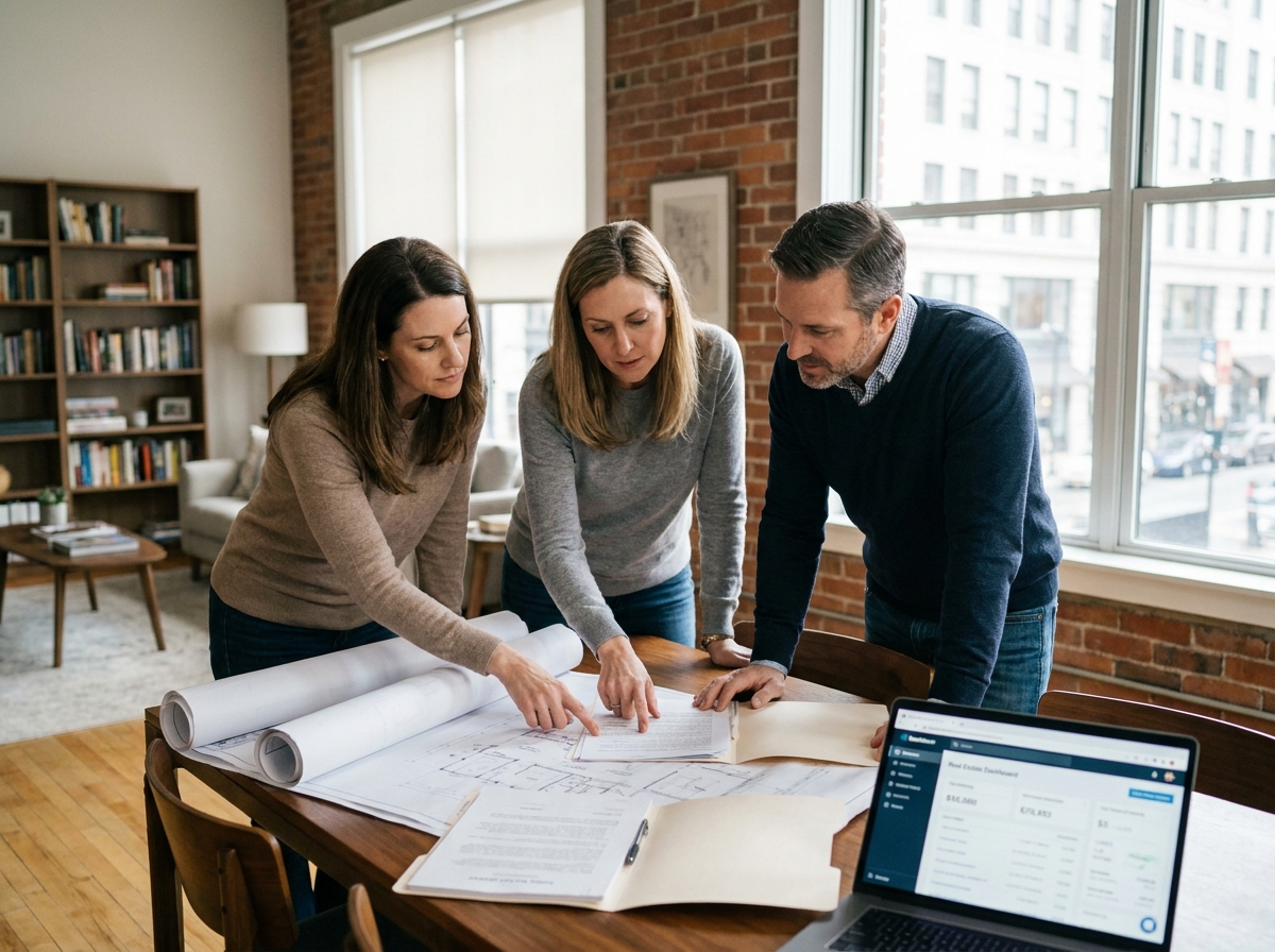 Trois copropriétaires réunis autour d'une table pour gérer ensemble un bien immobilier en indivision