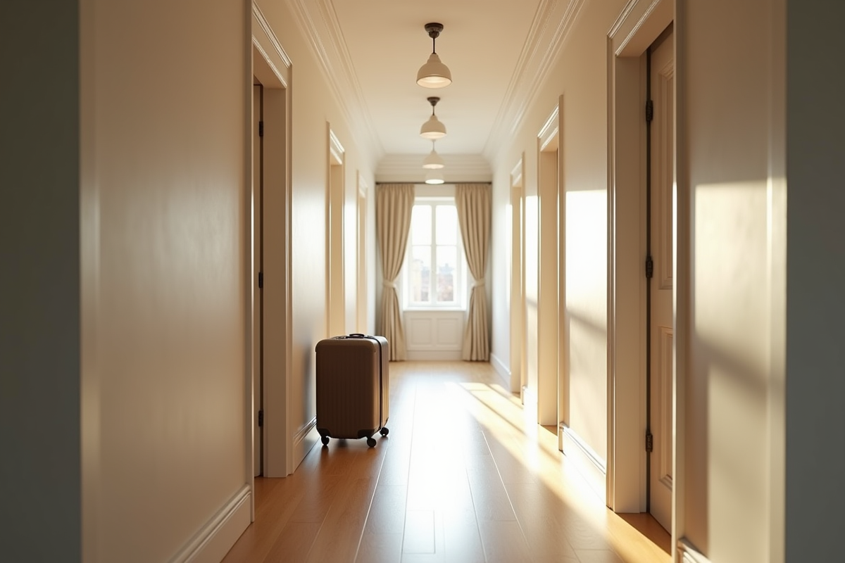 Couloir éclairé avec portes ouvertes et valise à côté