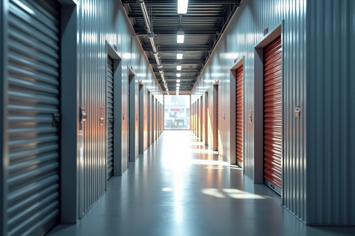 Couloir lumineux d'un selfstorage moderne avec portes fermées