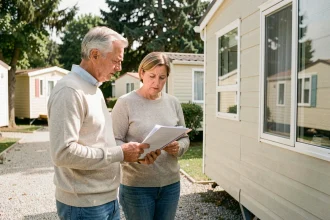 Couple examinant les documents d'achat d'un mobil-home d'occasion dans un parc résidentiel, illustrant les pièges liés à la revente et à la décote