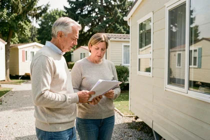 Couple examinant les documents d'achat d'un mobil-home d'occasion dans un parc résidentiel, illustrant les pièges liés à la revente et à la décote