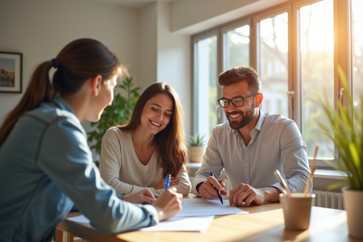 Jeune couple et agent immobilier dans un salon lumineux