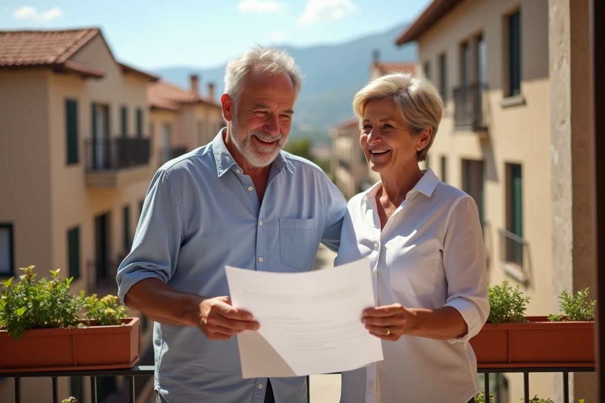 Couple souriant sur un balcon avec vue sur la vieille ville méditerranéenne