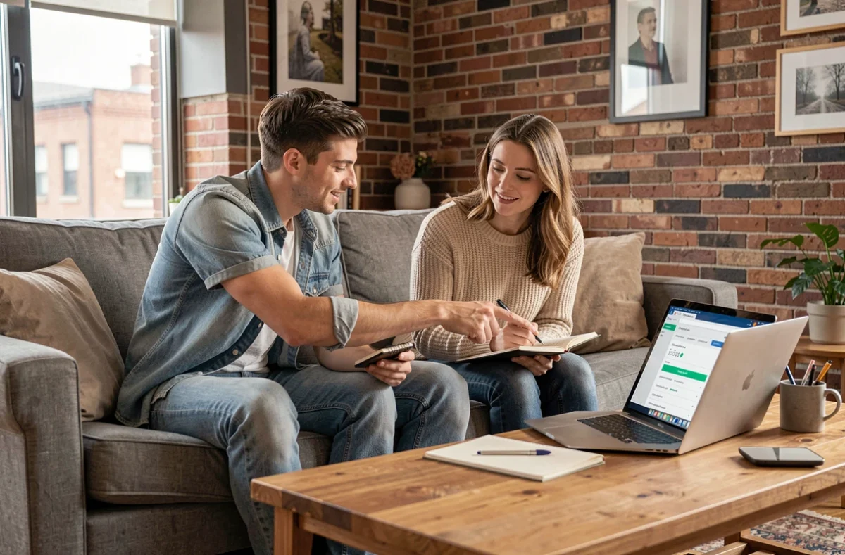 Couple comparant des offres d'assurance habitation ensemble sur un ordinateur portable dans leur appartement