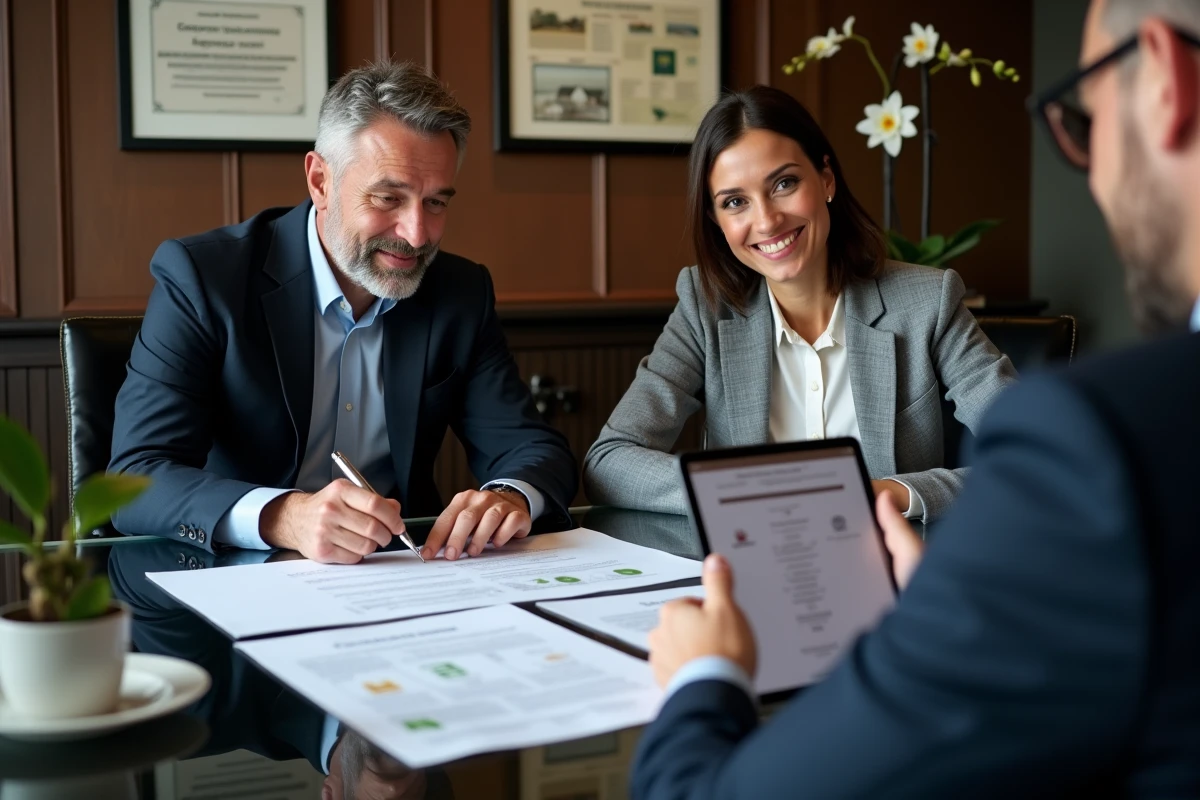 Couple discutant des frais de notaire avec un conseiller immobilier lors d'une transaction d'achat immobilier