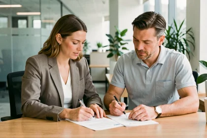 Couple en train de signer un contrat de crédit immobilier à la Société Générale avec un conseiller bancaire