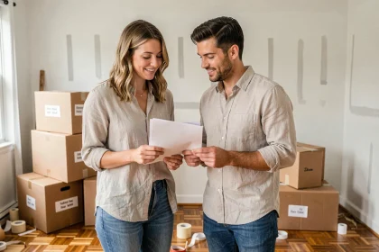 Couple consultant des documents de déménagement entouré de cartons dans un appartement en cours de vidage