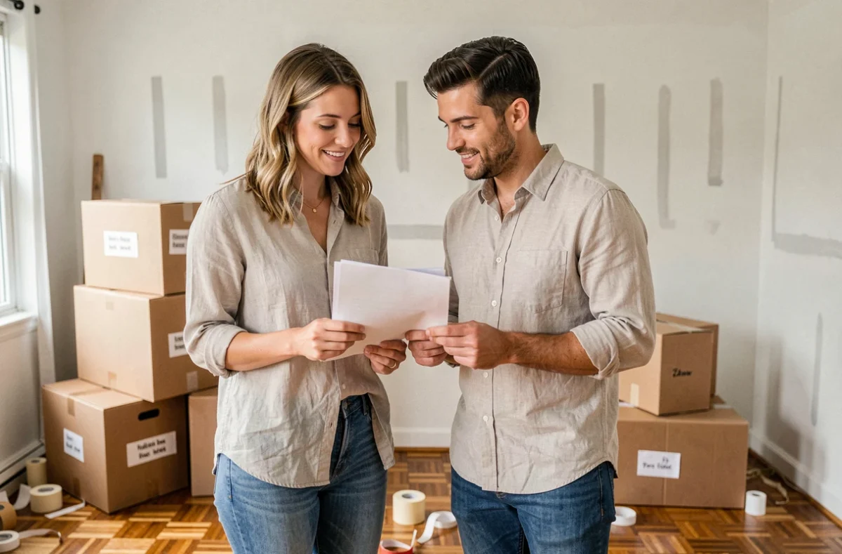 Couple consultant des documents de déménagement entouré de cartons dans un appartement en cours de vidage