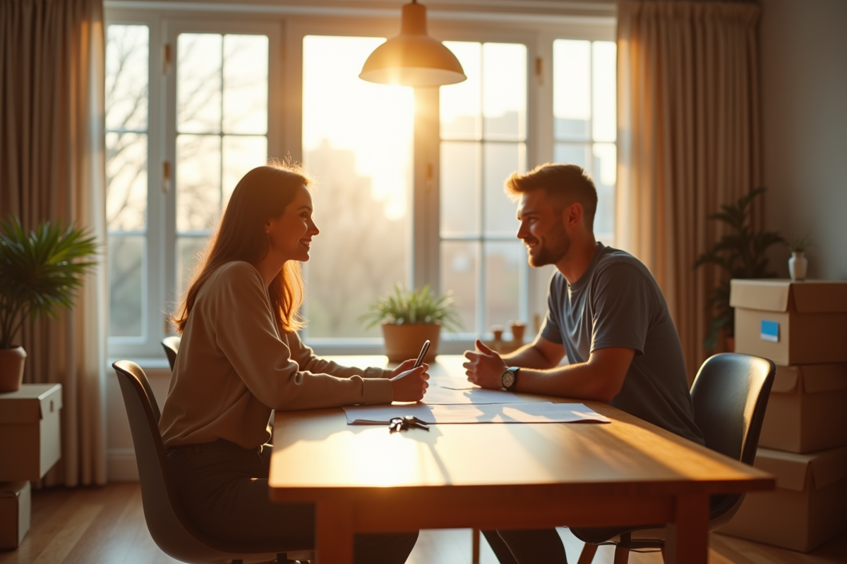 Couple dans un appartement en déménagement avec clés et documents