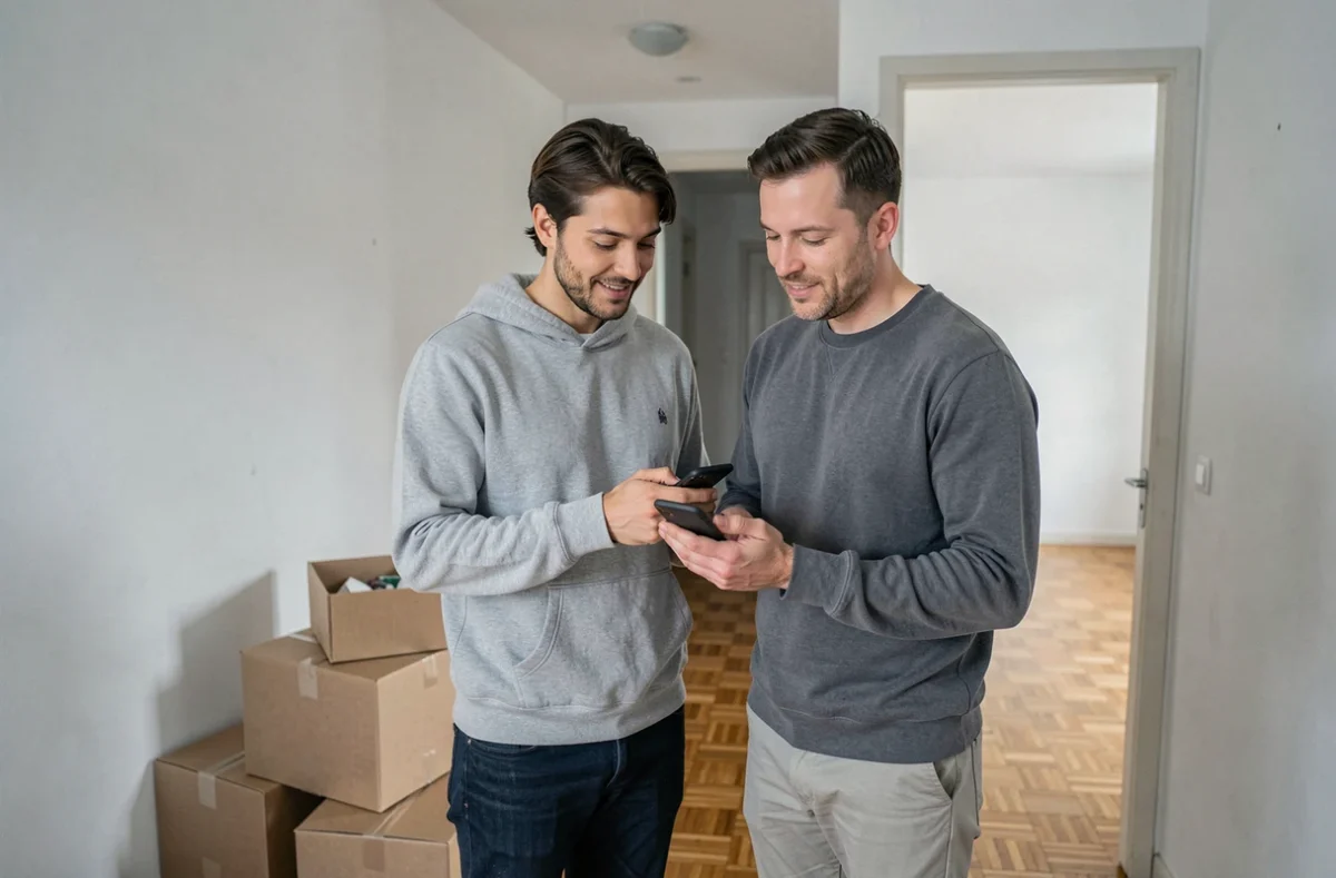 Couple discutant d'un devis d'assurance habitation sur smartphone dans un appartement en cours d'emménagement