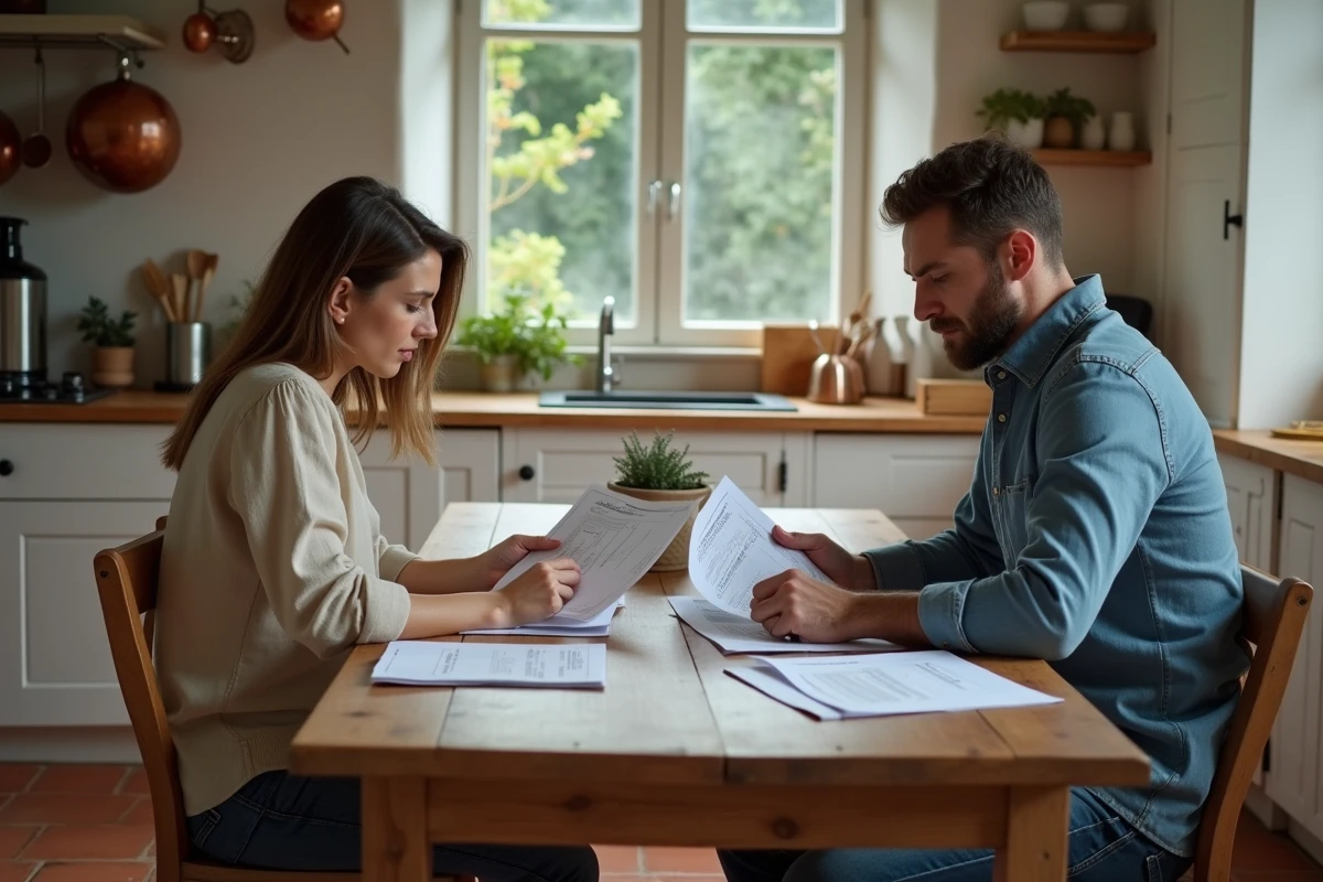 Couple en instance de divorce consultant séparément des documents d'estimation immobilière dans une cuisine de maison bretonne à vendre dans le Morbihan