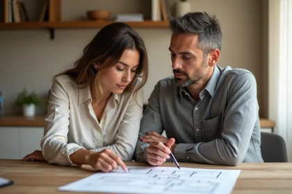 Couple examinant des documents immobiliers et un plan de logement dans une cuisine moderne pour préparer une vente avec PTZ