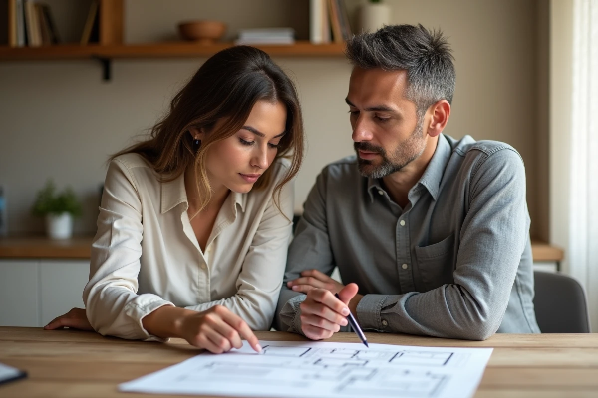 Couple examinant des documents immobiliers et un plan de logement dans une cuisine moderne pour préparer une vente avec PTZ