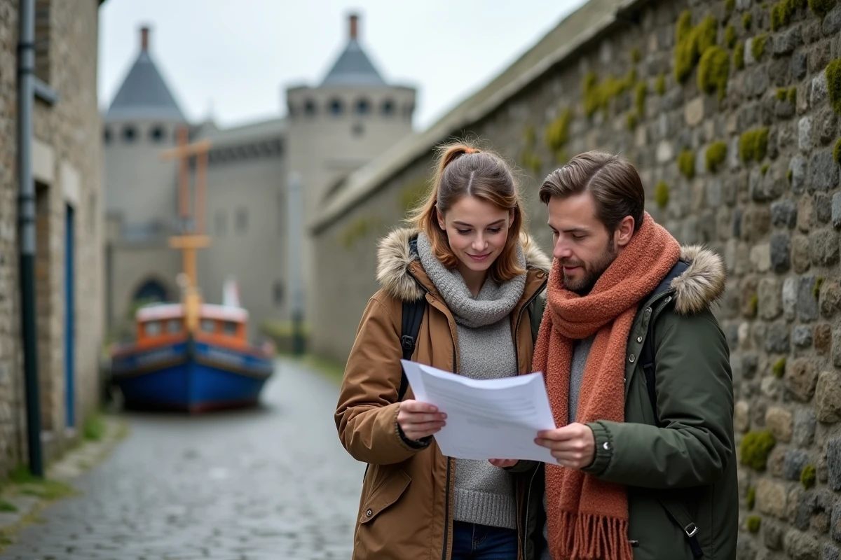Couple discutant d'un dossier de location d'appartement devant les remparts de la Ville Close de Concarneau